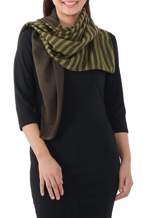 Alternate image for Handwoven Cotton Scarf in Avocado and Olive from Thailand Nature Stripes