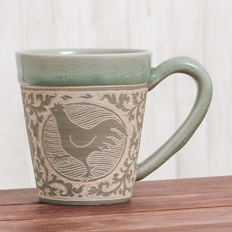 Celadon Glazed Ceramic Mug with Chicken from Thailand 'Thai Zodiac Chicken'