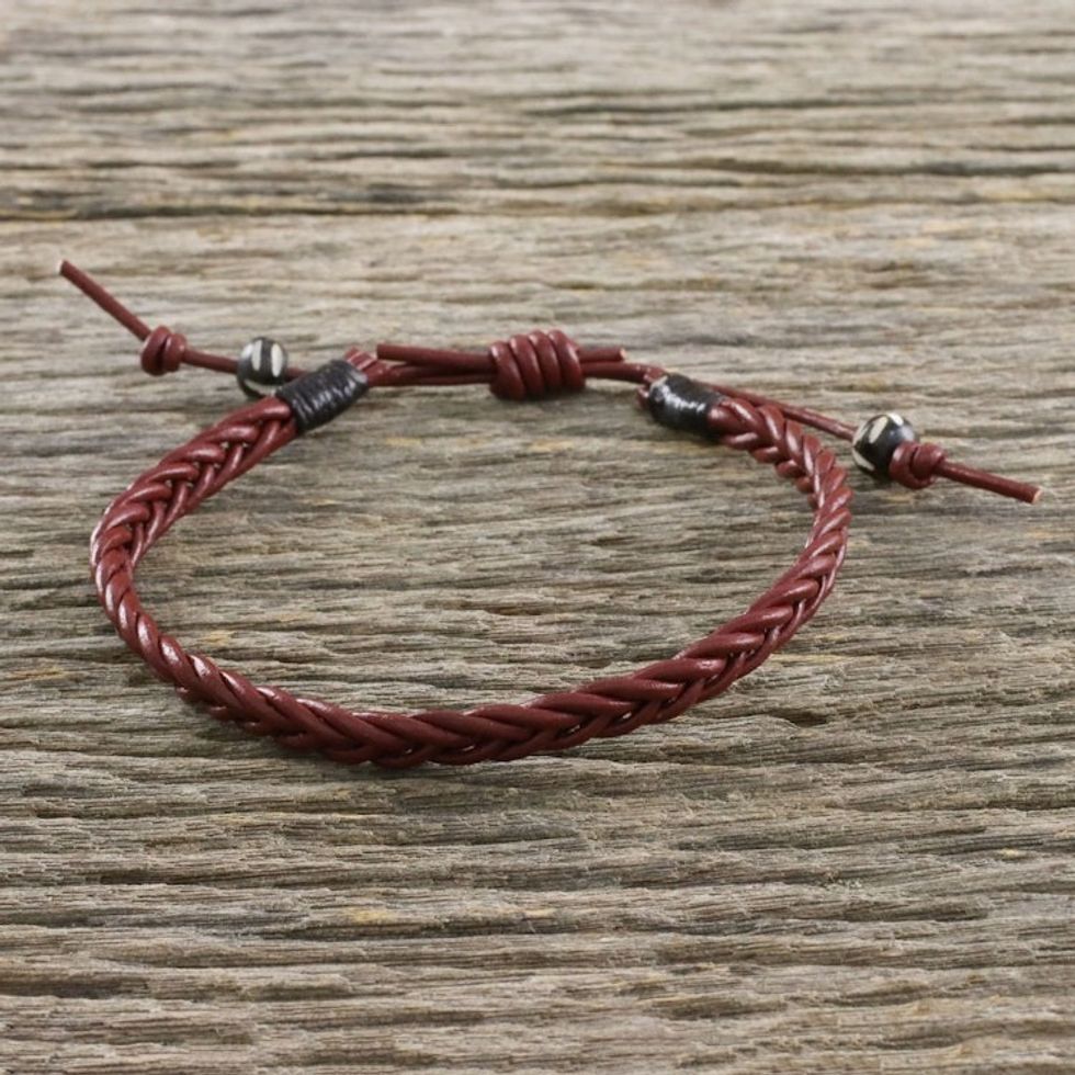 Men's Cow Bone Bead Mahogany Braided Leather Bracelet 'Rustic Simplicity'