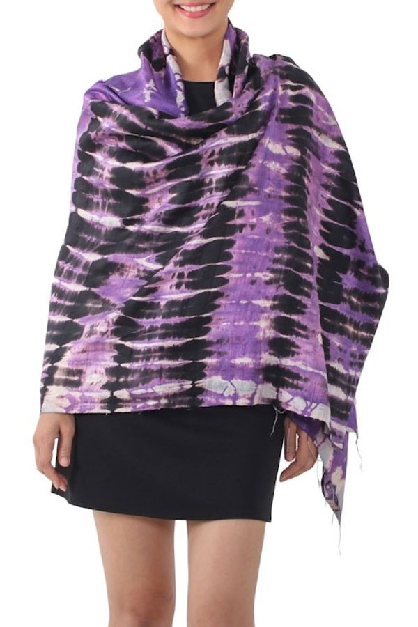 Alternate image for Handwoven Black and Purple Tie-Dye Silk Shawl from Thailand Purple Monarch