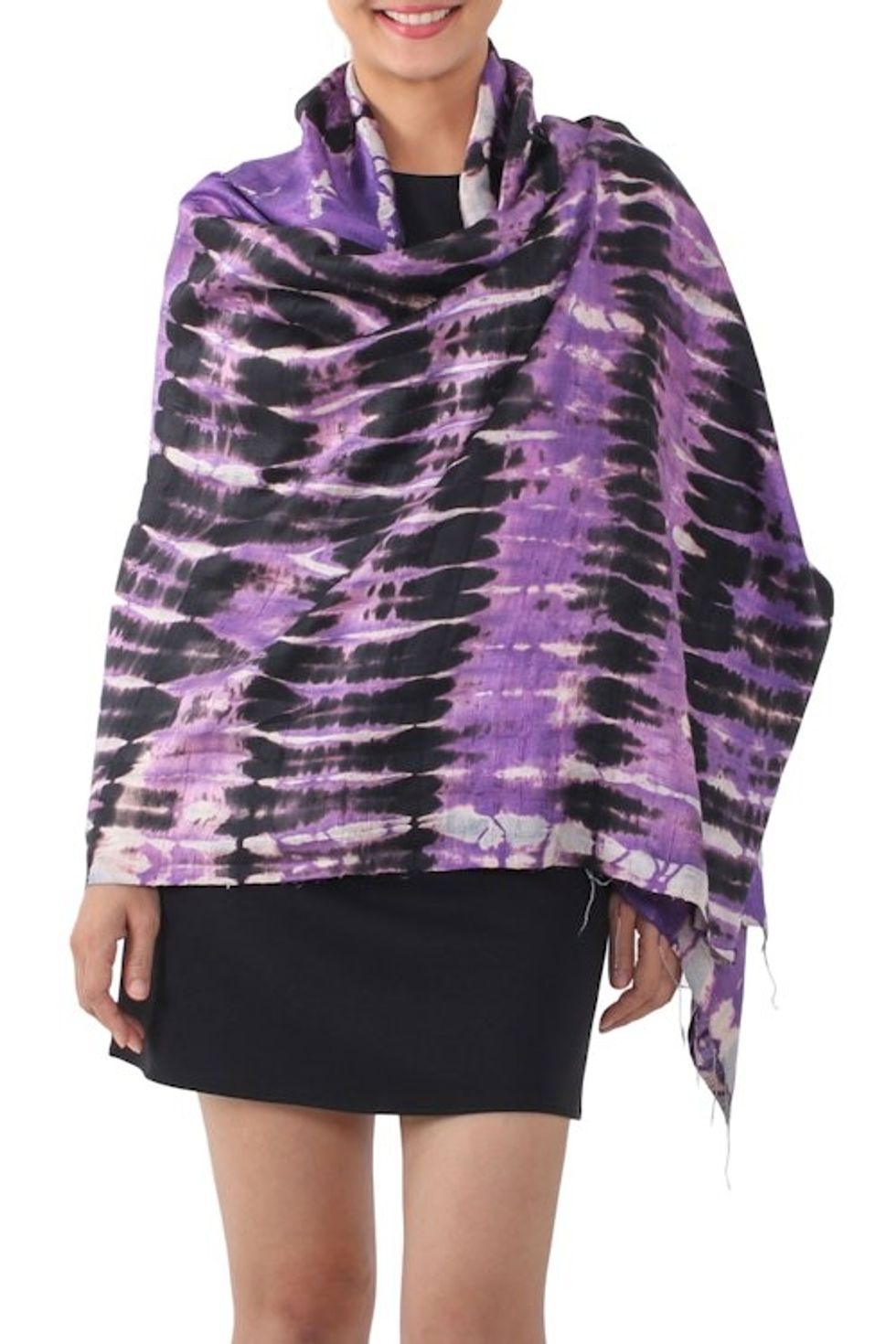 Handwoven Black and Purple Tie-Dye Silk Shawl from Thailand 'Purple Monarch'