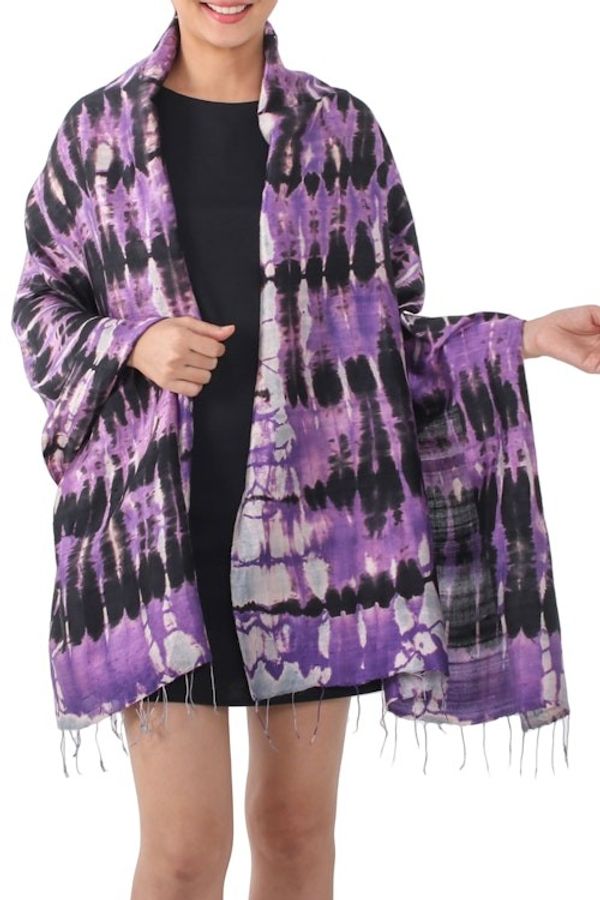 Alternate image for Handwoven Black and Purple Tie-Dye Silk Shawl from Thailand Purple Monarch