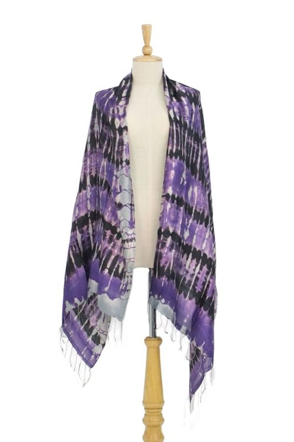 Alternate image for Handwoven Black and Purple Tie-Dye Silk Shawl from Thailand Purple Monarch