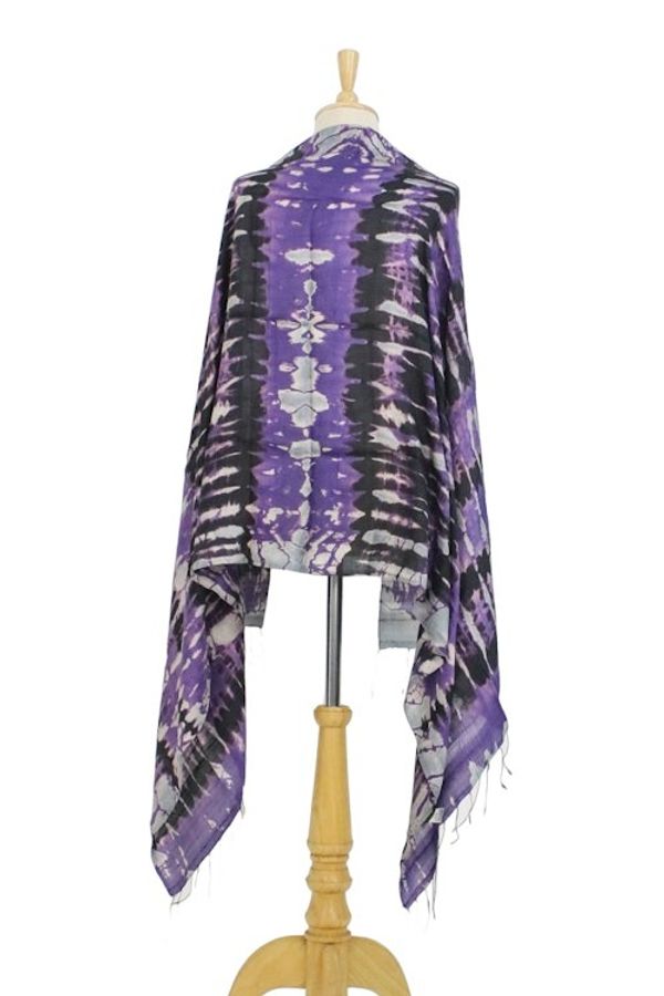 Alternate image for Handwoven Black and Purple Tie-Dye Silk Shawl from Thailand Purple Monarch