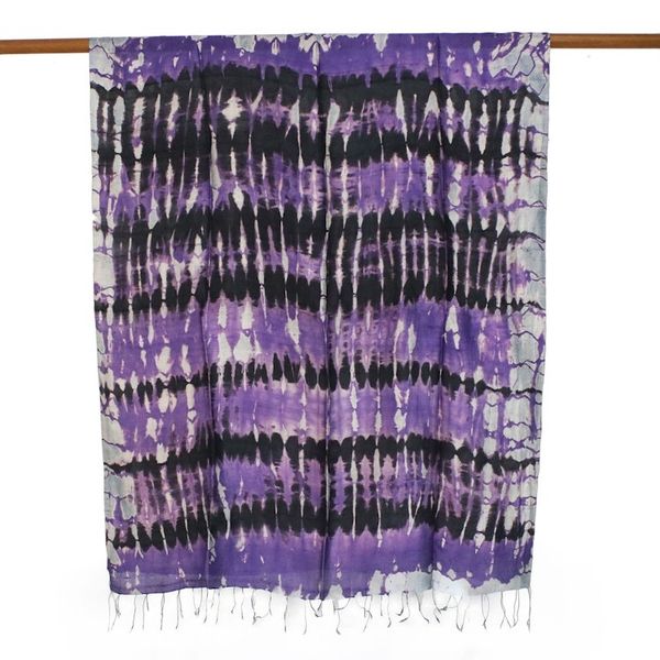 Alternate image for Handwoven Black and Purple Tie-Dye Silk Shawl from Thailand Purple Monarch