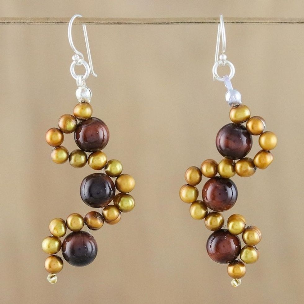 Tiger's Eye and Cultured Pearl Dangle Earrings from Thailand 'Dancing Gems'