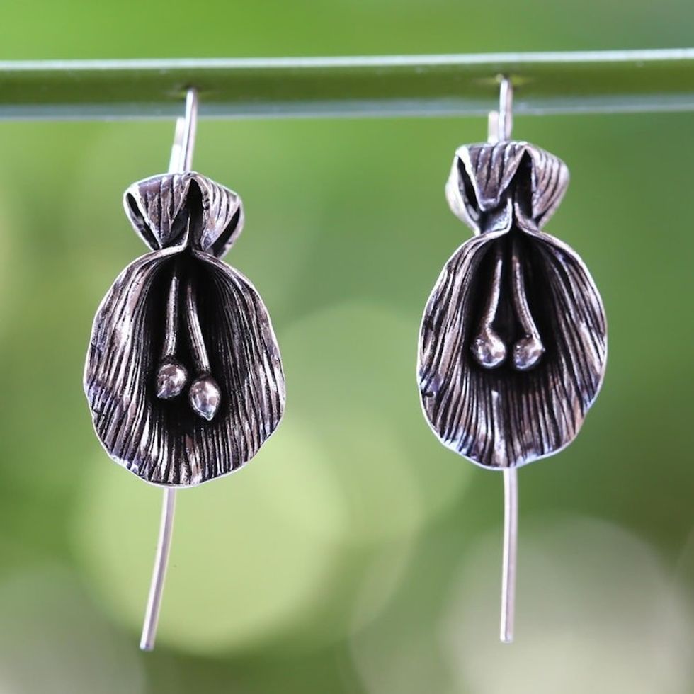 Antiqued Sterling Silver Artisan Crafted Flower Earrings 'Butterfly Pea'