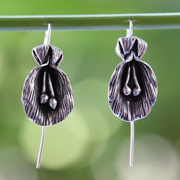 Alternate image for Antiqued Sterling Silver Artisan Crafted Flower Earrings Butterfly Pea
