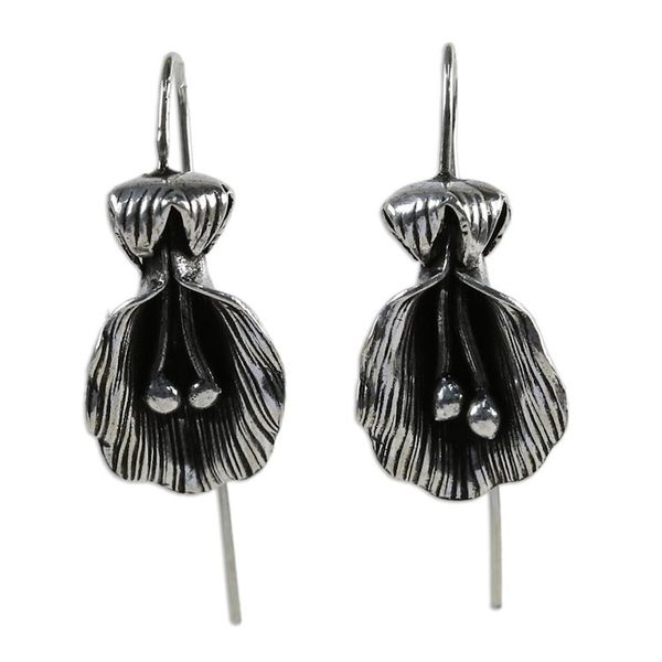 Alternate image for Antiqued Sterling Silver Artisan Crafted Flower Earrings Butterfly Pea