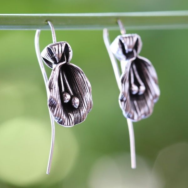 Alternate image for Antiqued Sterling Silver Artisan Crafted Flower Earrings Butterfly Pea