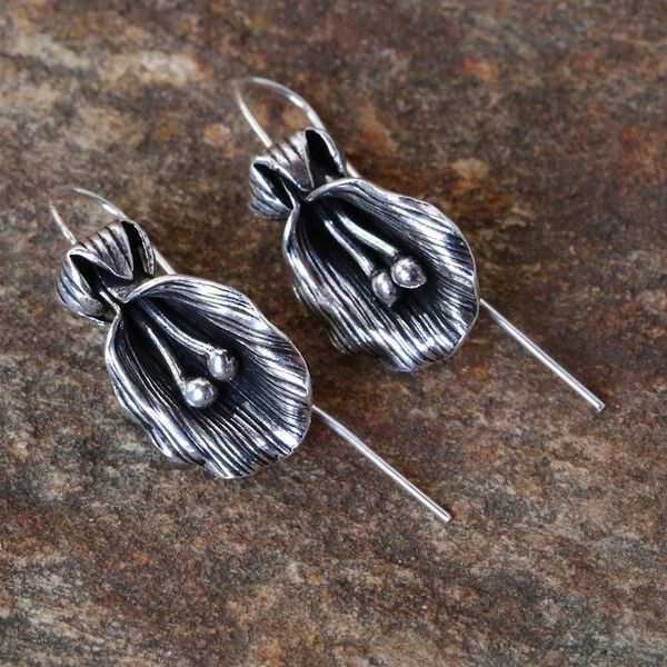 Alternate image for Antiqued Sterling Silver Artisan Crafted Flower Earrings Butterfly Pea