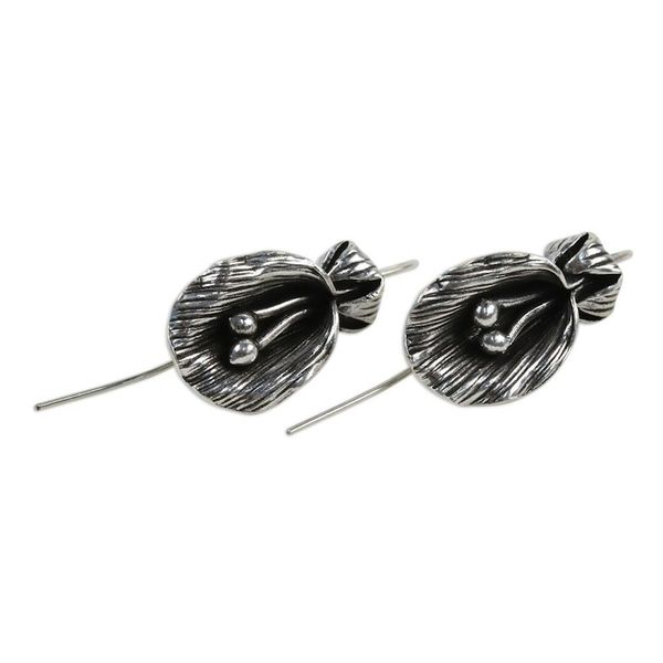 Alternate image for Antiqued Sterling Silver Artisan Crafted Flower Earrings Butterfly Pea