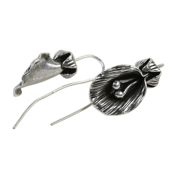 Alternate image for Antiqued Sterling Silver Artisan Crafted Flower Earrings Butterfly Pea