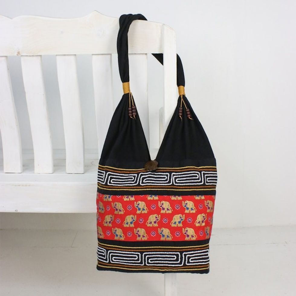 Black and Crimson Cotton Blend Shoulder Bag from Thailand 'Thai Siam in Crimson'