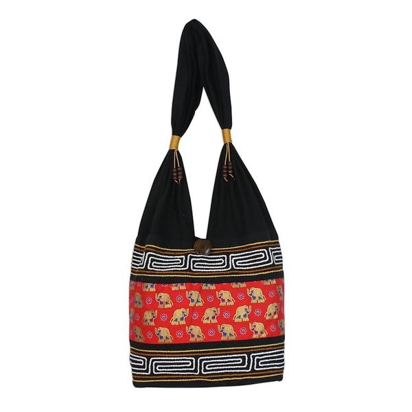 Alternate image for Black and Crimson Cotton Blend Shoulder Bag from Thailand Thai Siam in Crimson