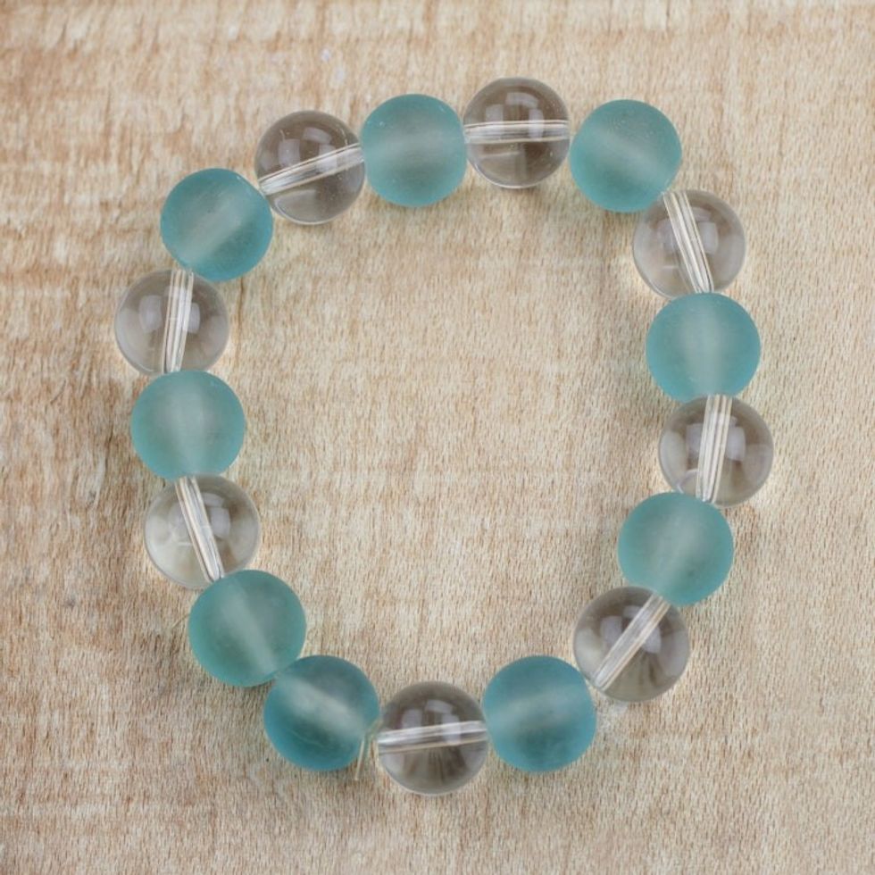Clear and Blue Recycled Glass Beaded Stretch Bracelet 'Beautiful Ice'