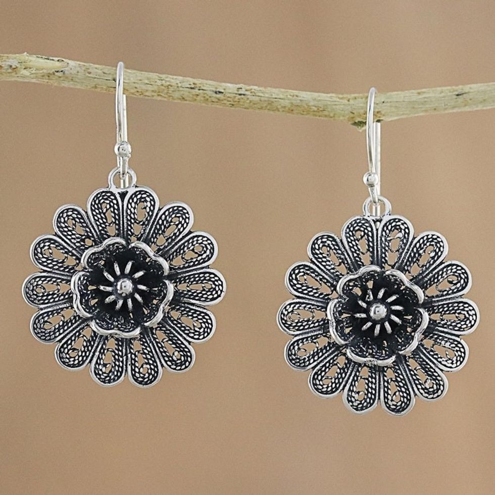 Handcrafted Sterling Silver Flower Dangle Earrings 'Intricate Petals'