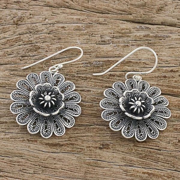 Alternate image for Handcrafted Sterling Silver Flower Dangle Earrings Intricate Petals
