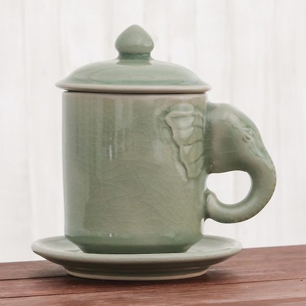 Alternate image for Celadon Ceramic Elephant Cup and Saucer from Thailand Chiang Mai Elephant