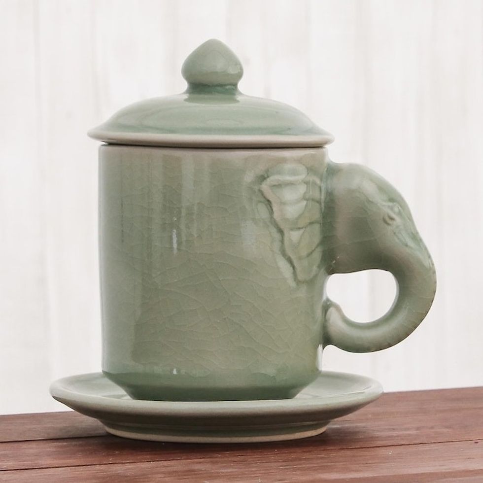 Celadon Ceramic Elephant Cup and Saucer from Thailand 'Chiang Mai Elephant'