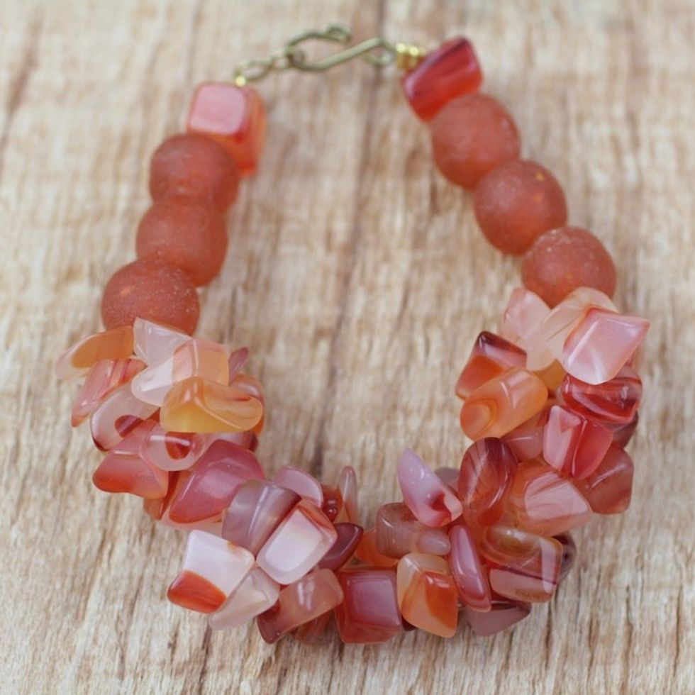 Handmade Coral Red Agate and Recycled Glass Beaded Bracelet 'Coral Kiss'