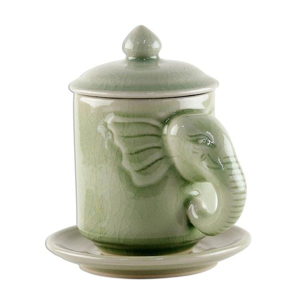 Alternate image for Celadon Ceramic Elephant Cup and Saucer from Thailand Chiang Mai Elephant