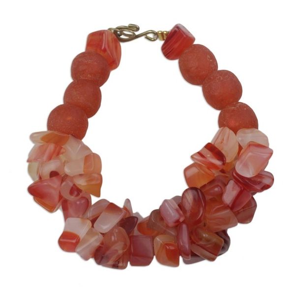 Alternate image for Handmade Coral Red Agate and Recycled Glass Beaded Bracelet Coral Kiss