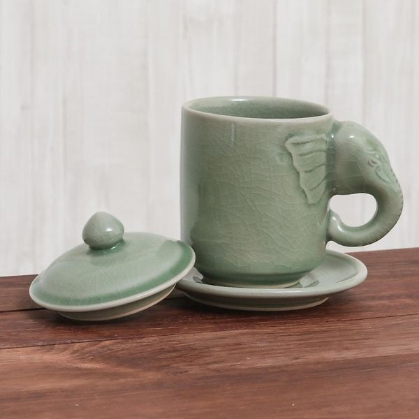 Alternate image for Celadon Ceramic Elephant Cup and Saucer from Thailand Chiang Mai Elephant