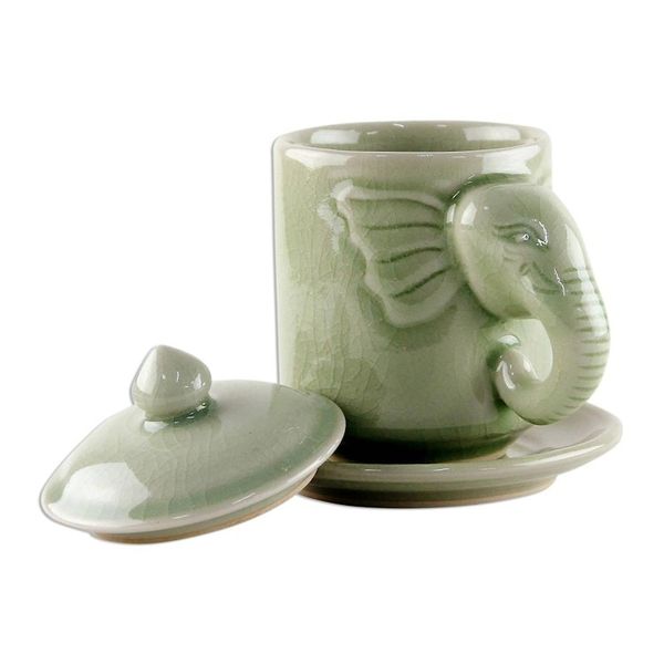 Alternate image for Celadon Ceramic Elephant Cup and Saucer from Thailand Chiang Mai Elephant