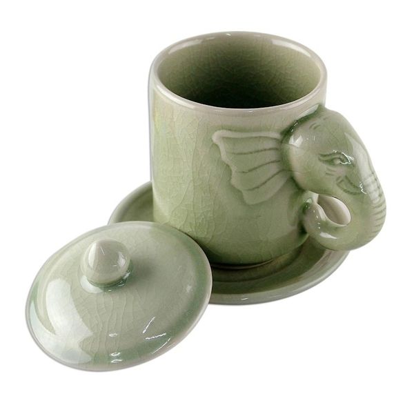 Alternate image for Celadon Ceramic Elephant Cup and Saucer from Thailand Chiang Mai Elephant