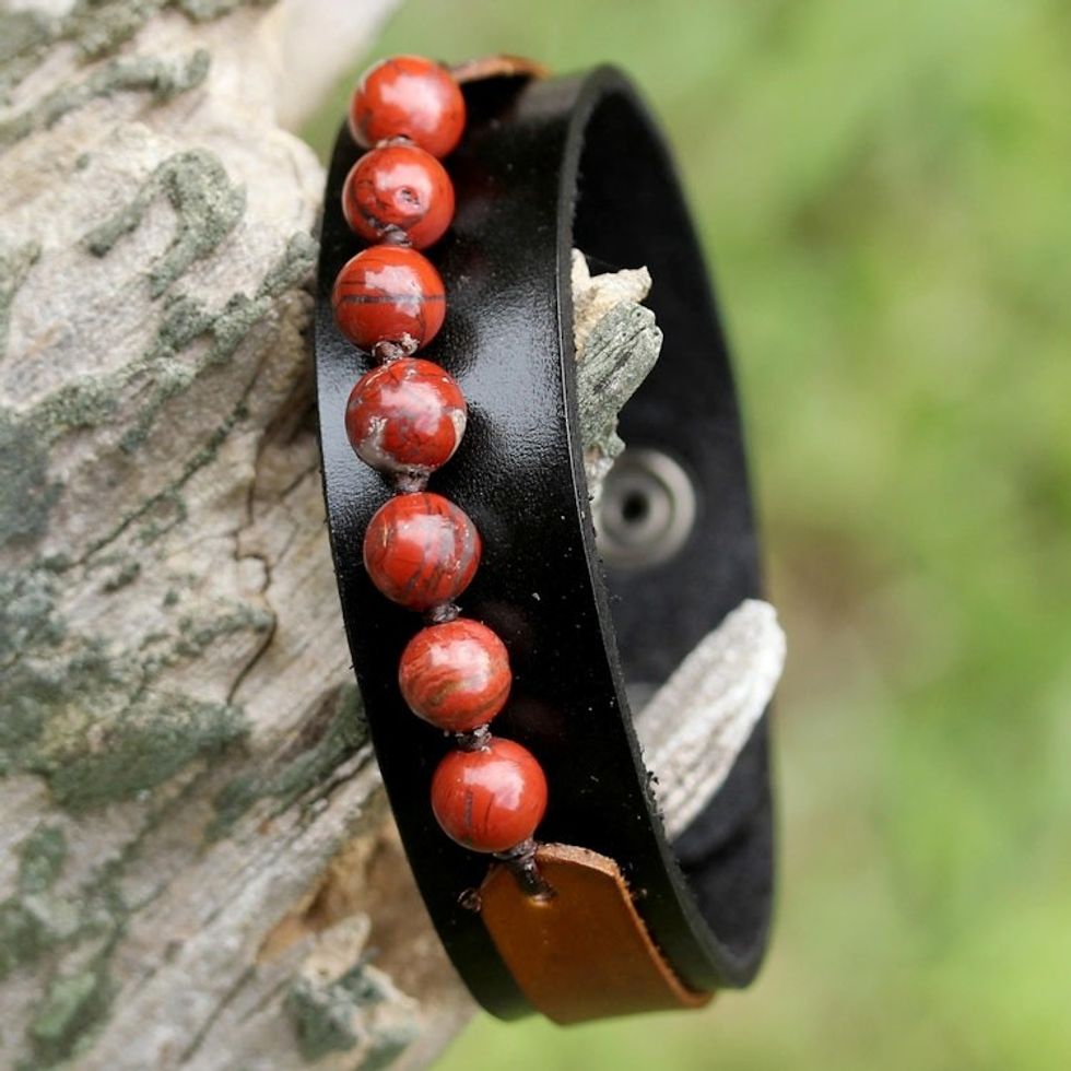 Men's Jasper and Leather Wristband Bracelet from Thailand 'Rocky Party in Red'