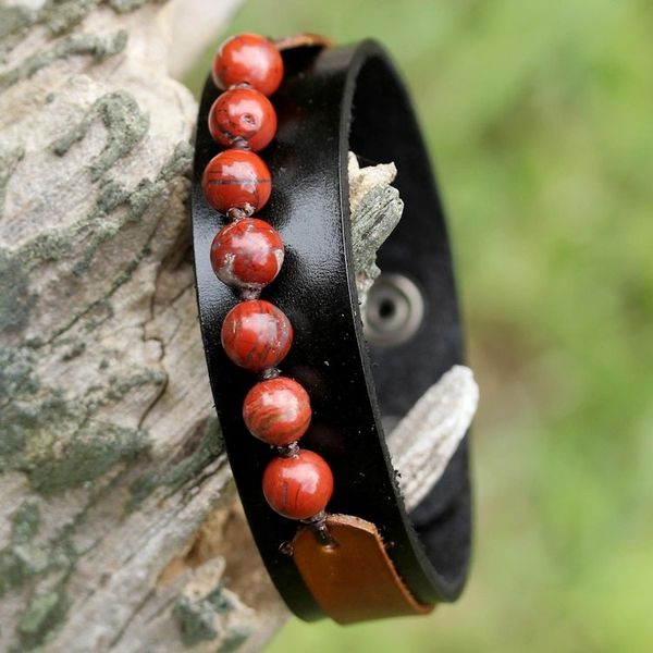 Alternate image for Mens Jasper and Leather Wristband Bracelet from Thailand Rocky Party in Red