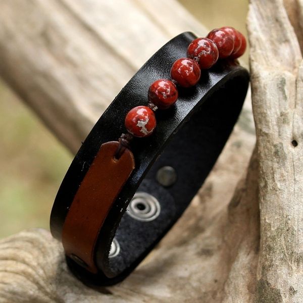 Alternate image for Mens Jasper and Leather Wristband Bracelet from Thailand Rocky Party in Red