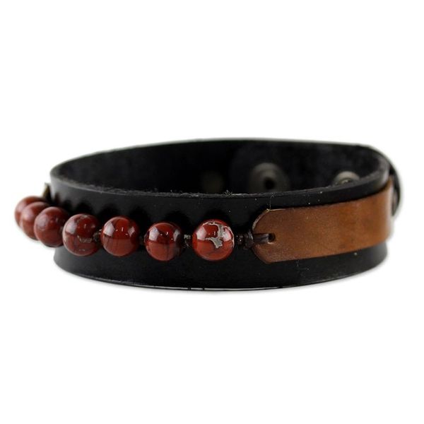 Alternate image for Mens Jasper and Leather Wristband Bracelet from Thailand Rocky Party in Red