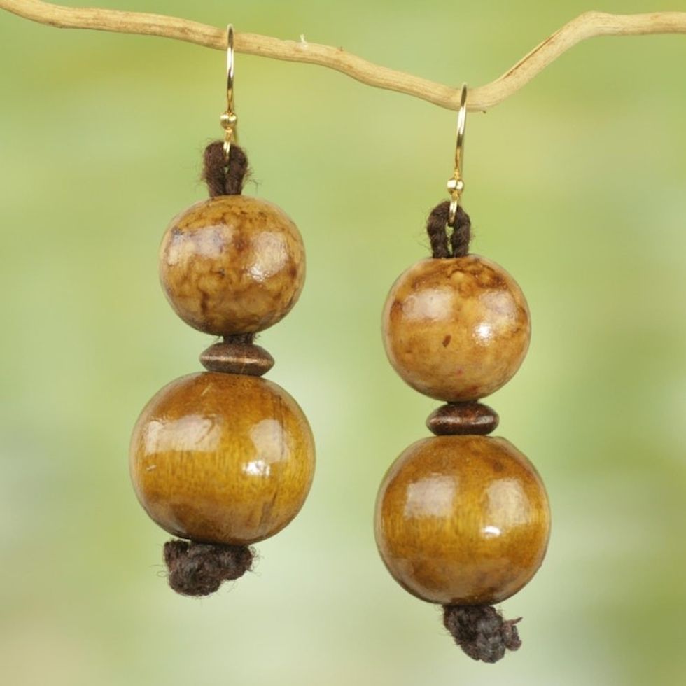 Sese Wood and Nylon Twine Dangle Earrings from Ghana 'Godly Presence'