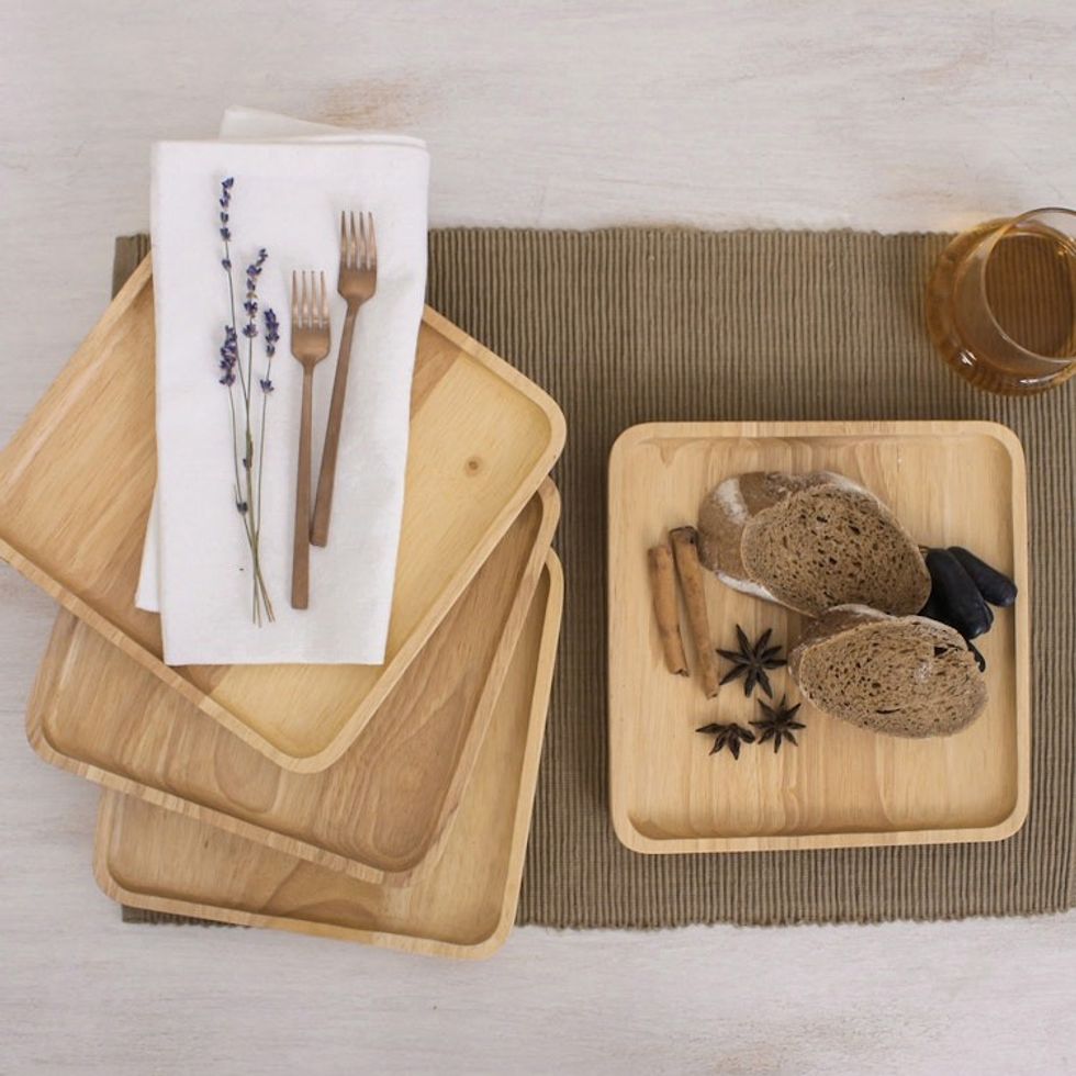 4 Artisan Crafted Wood Square Plates Hand Carved in Thailand 'Natural Squares'