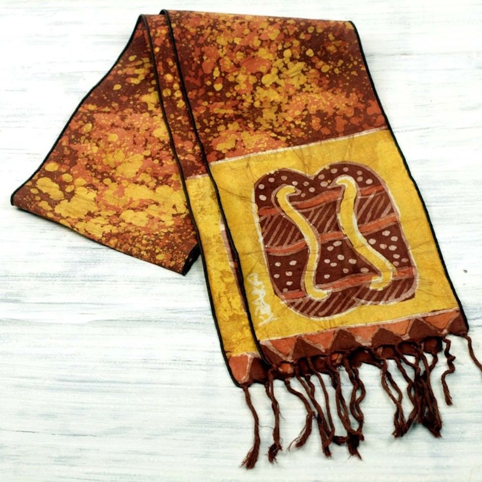 Signed Handcrafted Adinkra Scarf in Brown and Yellow 'Golden Brown Unity Chain'