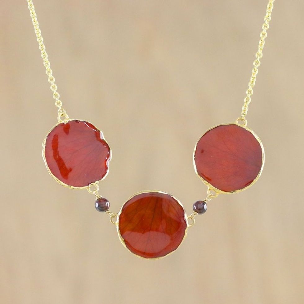 Garnet and Gold Plated Natural Rose Petal Pendant Necklace 'Harvest Rose'