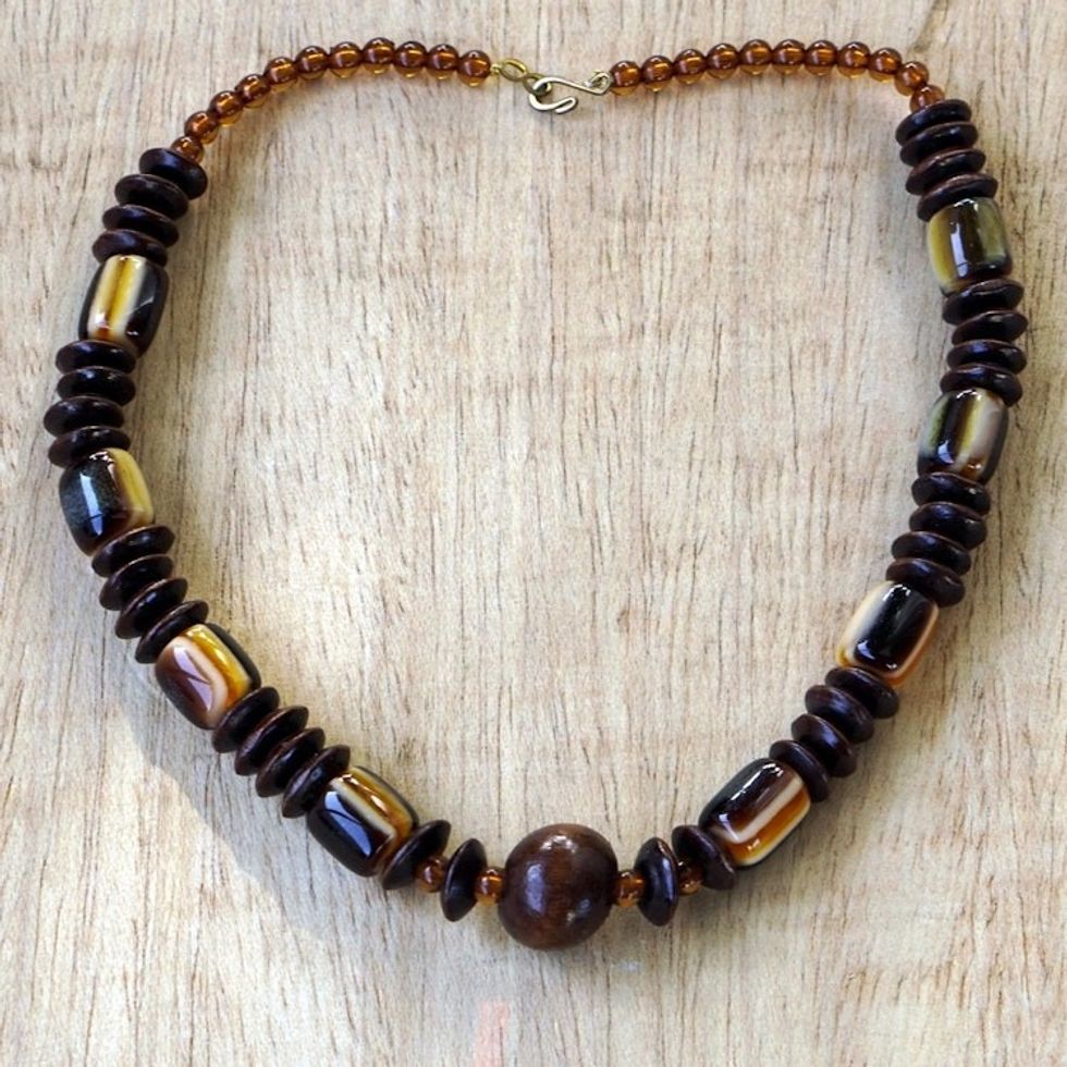 Wood Beaded Dangle Necklace Artisan Crafted Jewelry 'Edinam'
