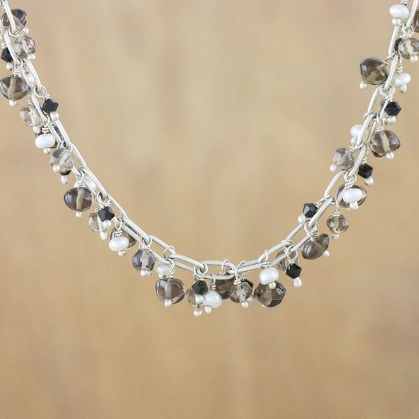 Alternate image for Smoky Quartz and Pearl Beaded Necklace from Thailand Thai Magic