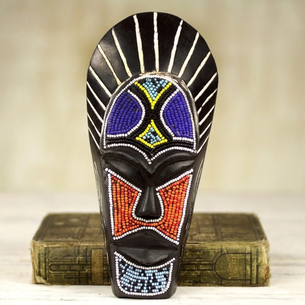 Black African Mask Wood Recycled Glass Beads from Ghana 'Wangari Warrior'