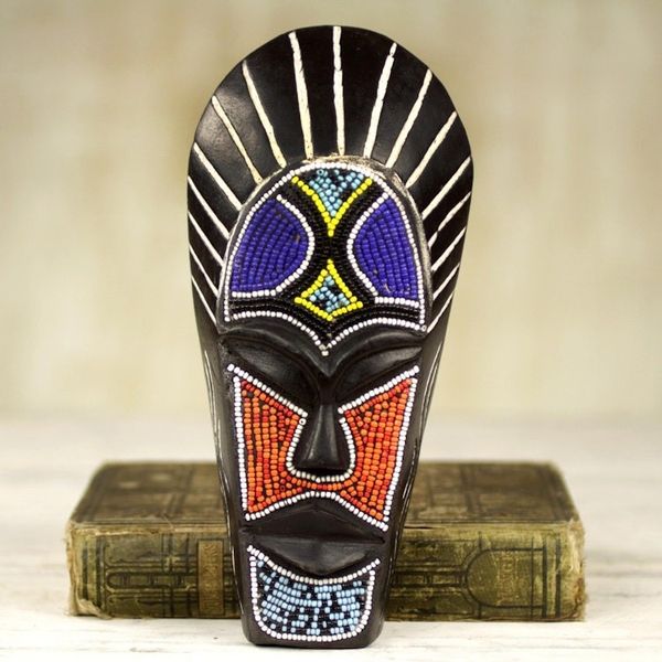 Alternate image for Black African Mask Wood Recycled Glass Beads from Ghana Wangari Warrior