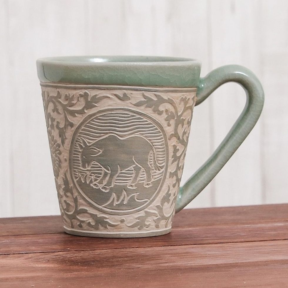 Celadon Glazed Ceramic Mug with Cow from Thailand 'Thai Zodiac Cow'