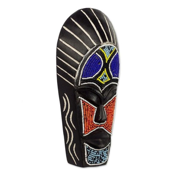 Alternate image for Black African Mask Wood Recycled Glass Beads from Ghana Wangari Warrior