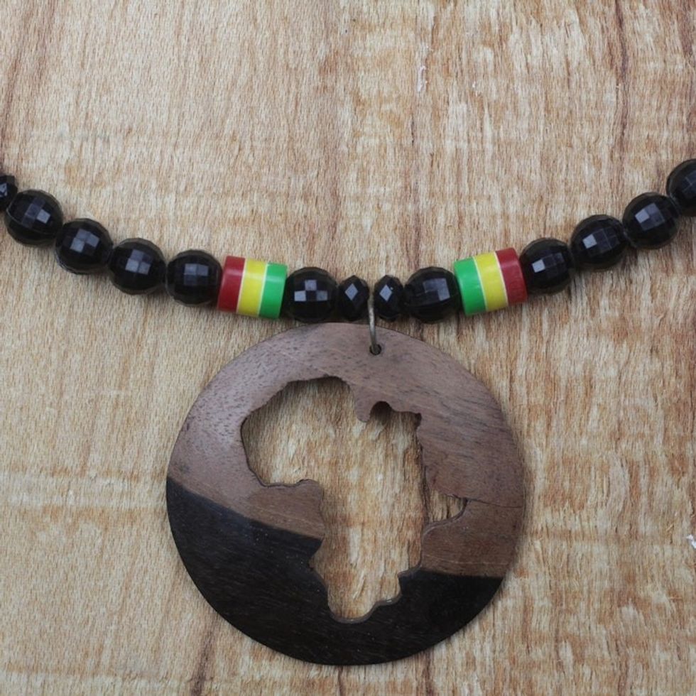 Ebony Wood and Recycled Glass Africa Necklace from Ghana 'African World'