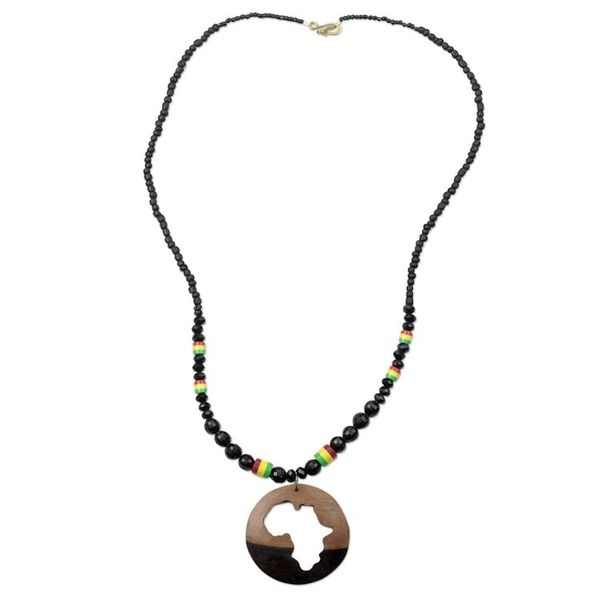 Alternate image for Ebony Wood and Recycled Glass Africa Necklace from Ghana African World