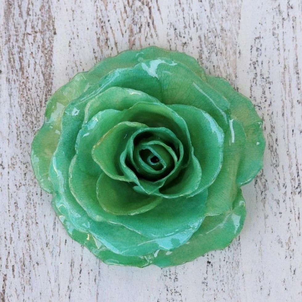 Artisan Crafted Natural Rose Brooch in Green from Thailand 'Rosy Mood in Green'