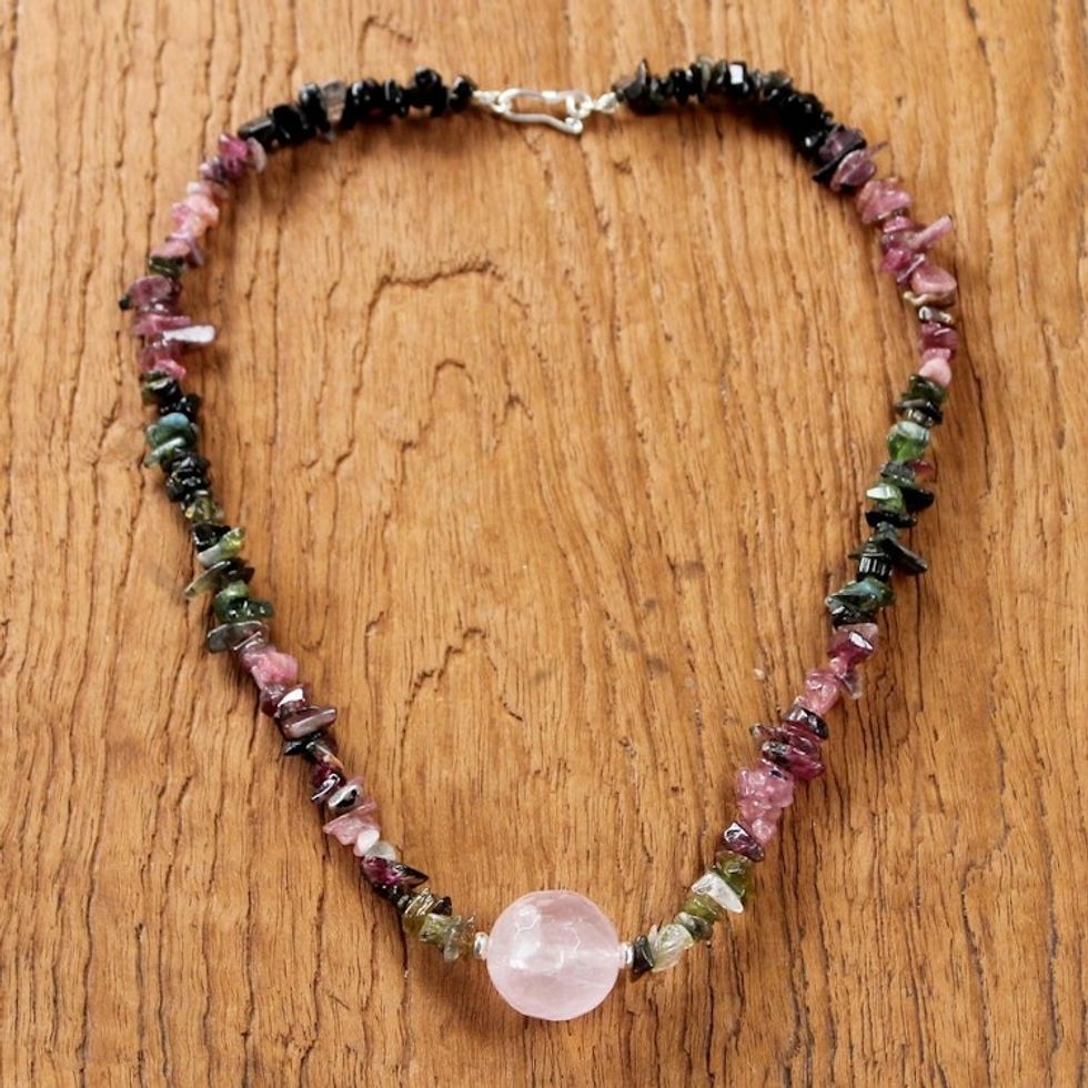 Thai Rose Quartz and Tourmaline Beaded Pendant Necklace 'Natural Rose'