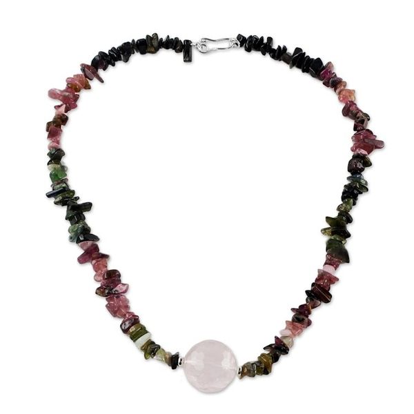 Alternate image for Thai Rose Quartz and Tourmaline Beaded Pendant Necklace Natural Rose