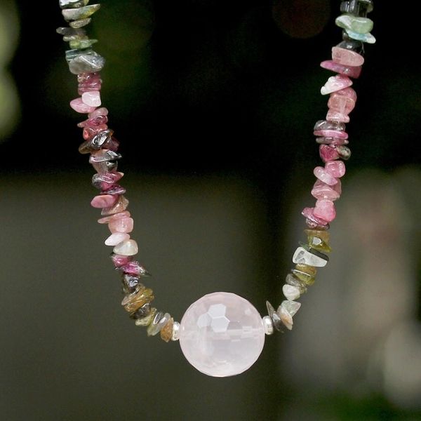 Alternate image for Thai Rose Quartz and Tourmaline Beaded Pendant Necklace Natural Rose